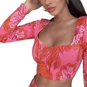 Zara Trafaluc Pink Orange Floral Jacquard Crop Top Long Sleeve Sweetheart size M